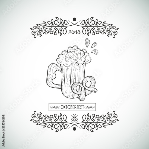 Oktoberfest. A mug of beer, foam, pretzel. Sketch. Logo, emblem. Monochrome. Vintage