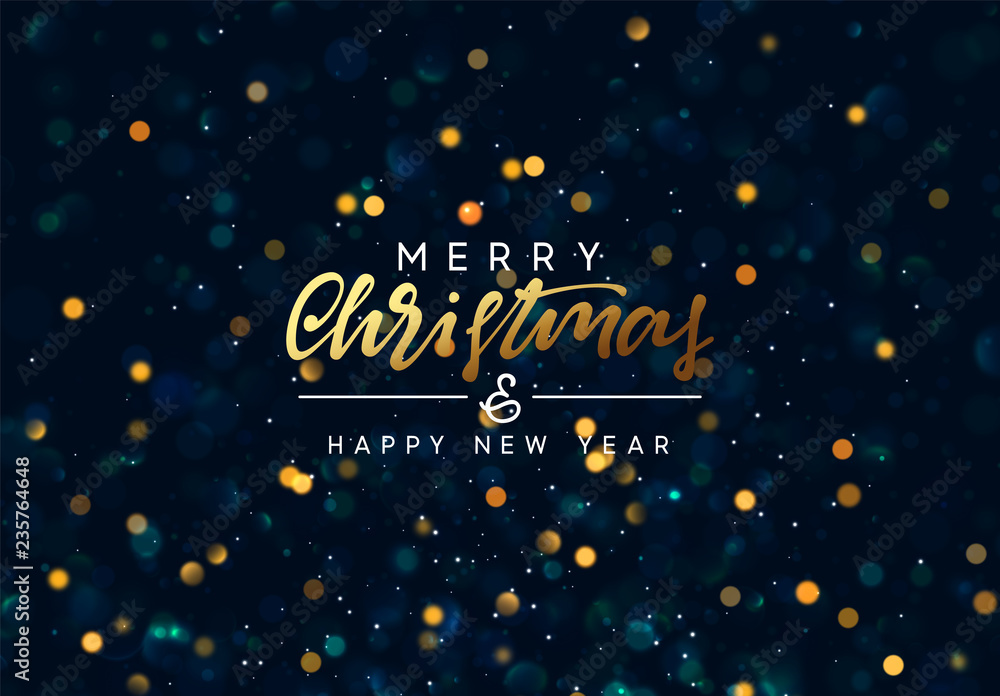 Christmas background with golden lights bokeh. Xmas greeting card. Magic holiday poster, banner. Night bright gold sparkles background. Merry Christmas and Happy New Year