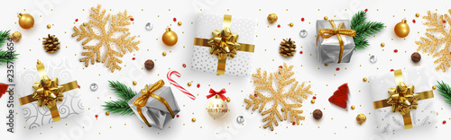 Christmas composition with decorative elements of design. Holiday illustration decoration the border of realistic objects. Xmas banner, greeting card. Festive horizontal template. Flat lay, Top view.