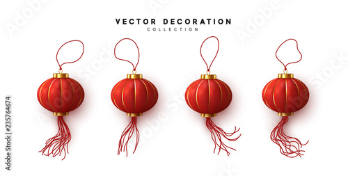 Chinese hanging red lanterns realistic isolated on white background