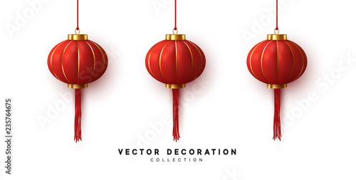 Chinese hanging red lanterns realistic isolated on white background