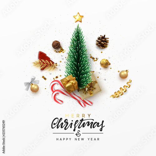 Christmas greeting card. Xmas Festive composition with decorative objects. Calligraphic text. Xmas elements decorations. Creative holiday invitation template top view. Vector illustration