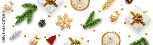 Christmas vector banner. Background Xmas realistic decoration objects viewed from above.