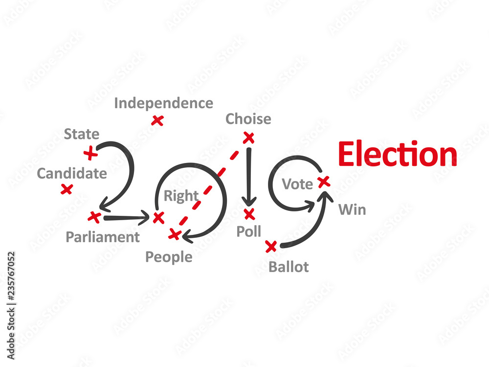Election New Year 2019 word cloud red marks white background vector