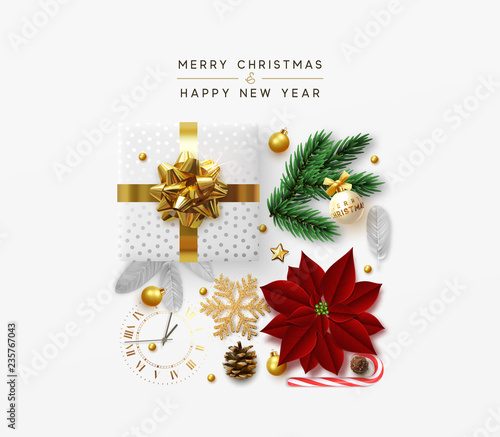 Christmas background with decorative Xmas elements of design. Gift box, shining gold glitter snowflake, golden ball, decoration bauble, sweet candy, pine cone and vintage watches. Greeting card