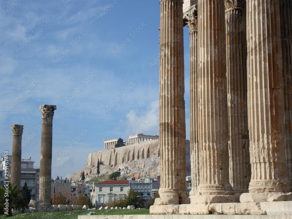 Views of Greece: temple of Zeus with Acropolis on the background, Athens