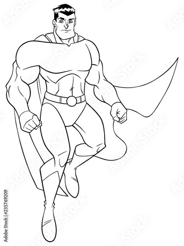 Line art full length illustration of a strong and brave cartoon superhero wearing cape and costume while flying up during mission against white background for copy space.