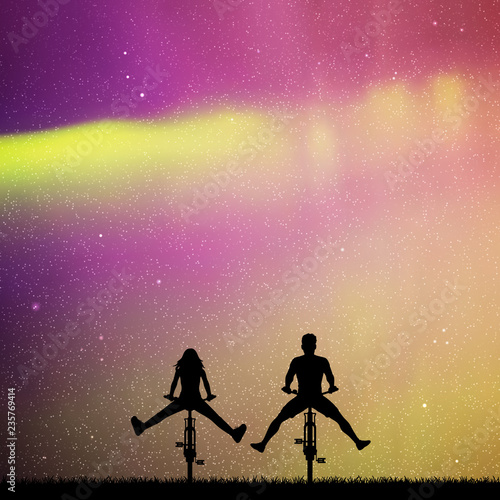 Couple on bikes in park at night. Vector illustration with silhouettes of two cyclists with legs apart. Northern lights in starry sky. Colorful aurora borealis