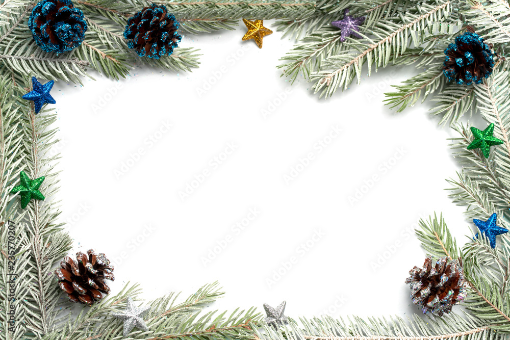 Frame Christmas decoration with fir branches, pine cones and shiny, copy space. Frame Christmas decoration with fir branches, pine cones and shiny, copy space.