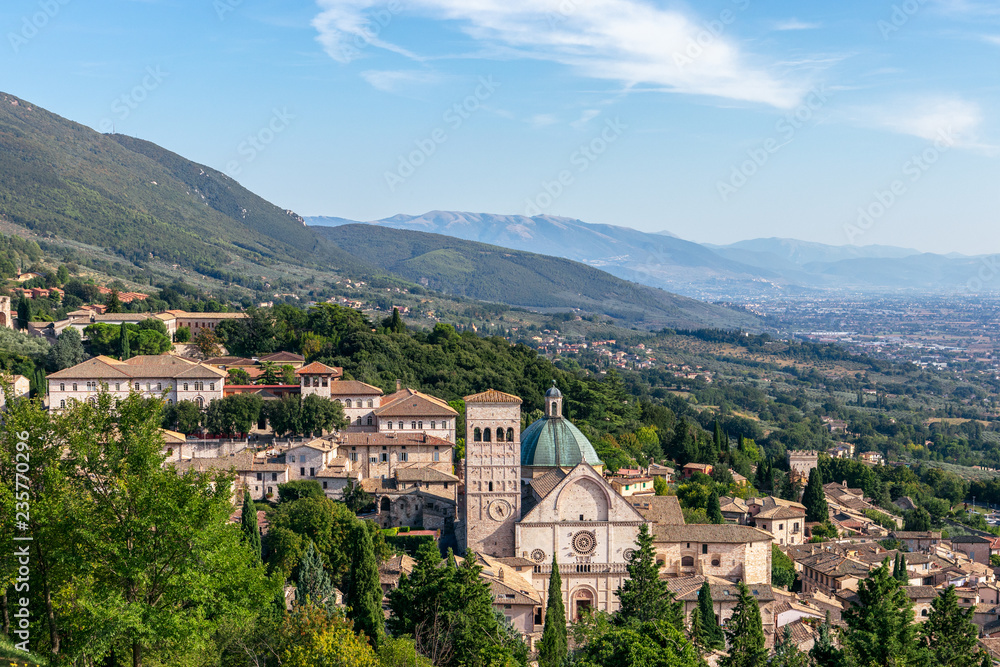 Panoramic view of the historic town of Assisi and hills of Umbria, Umbria, Italy