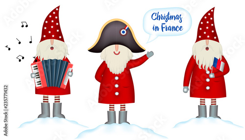Set Christmas card template. Festive Holidays in France invitation. Cartoon happy Santa Claus in napoleon's  hat hails, with french flag and accordion in hand  stands in snowdrift, isolated. Vector 