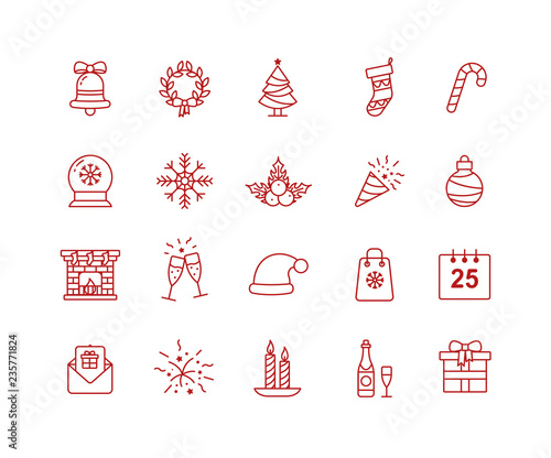 Illustration for New Year and Christmas design icon set in line style.