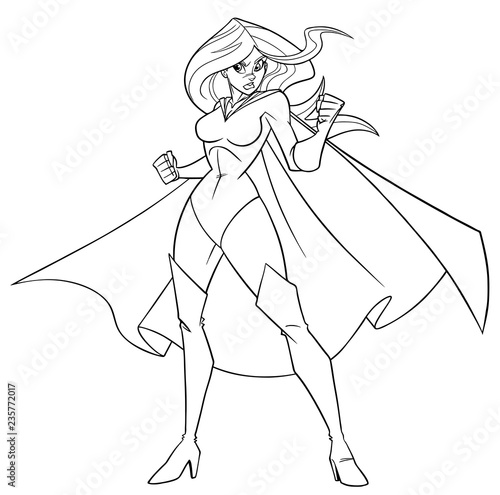 Line art full length illustration of determined super heroine ready for battle wearing cape isolated on white background for copy space.