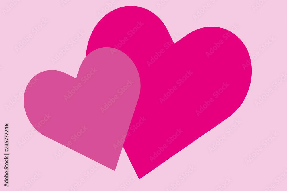 two pink hearts on pastel pink background