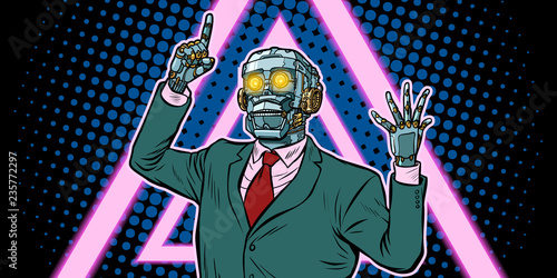 Cyberpunk 80s style. emotional speaker robot, dictatorship of ga