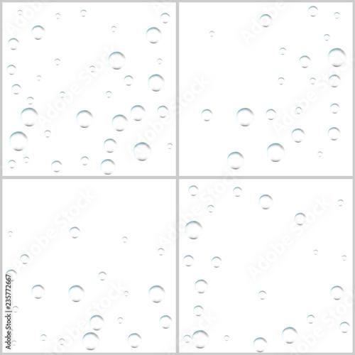 Transparent bubbles in water, sea, aquarium. Soda pop. Champagne. Effervescent drink. Undersea vector texture. Vector background sets.