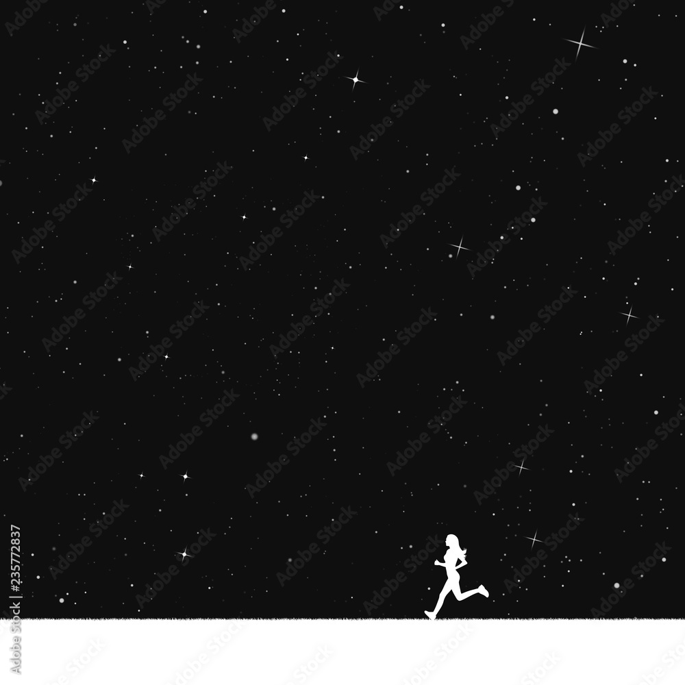 Girl running in park at night. Vector illustration with silhouette of female runner under starry sky. Inverted black and white Girl running in park at night. Vector illustration with silhouette of female runner under starry sky. Inverted black and white