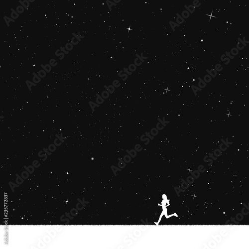 Girl running in park at night. Vector illustration with silhouette of female runner under starry sky. Inverted black and white