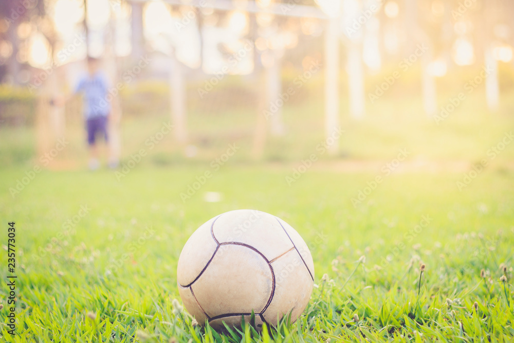 Soccer ball on grass with children playing in background. Soccer ball on grass with children playing in background.