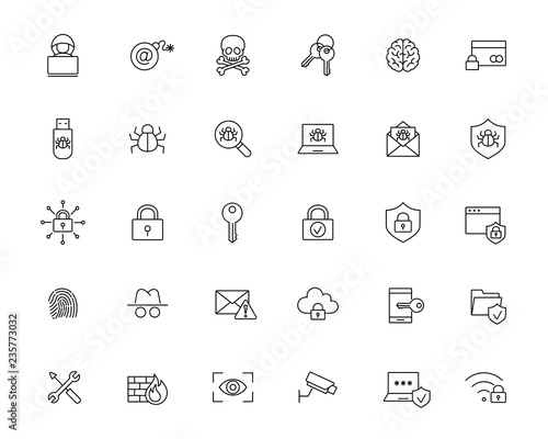 malware cyber attack protection line black icons set on white background
