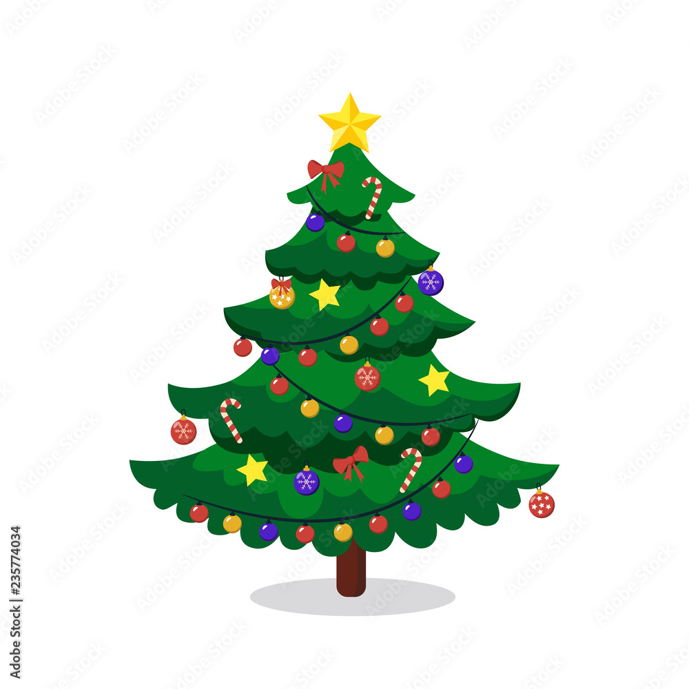 Decorated christmas tree with star, lights, decoration balls and lamps. Merry Christmas and a happy new year. Flat style vector illustration
