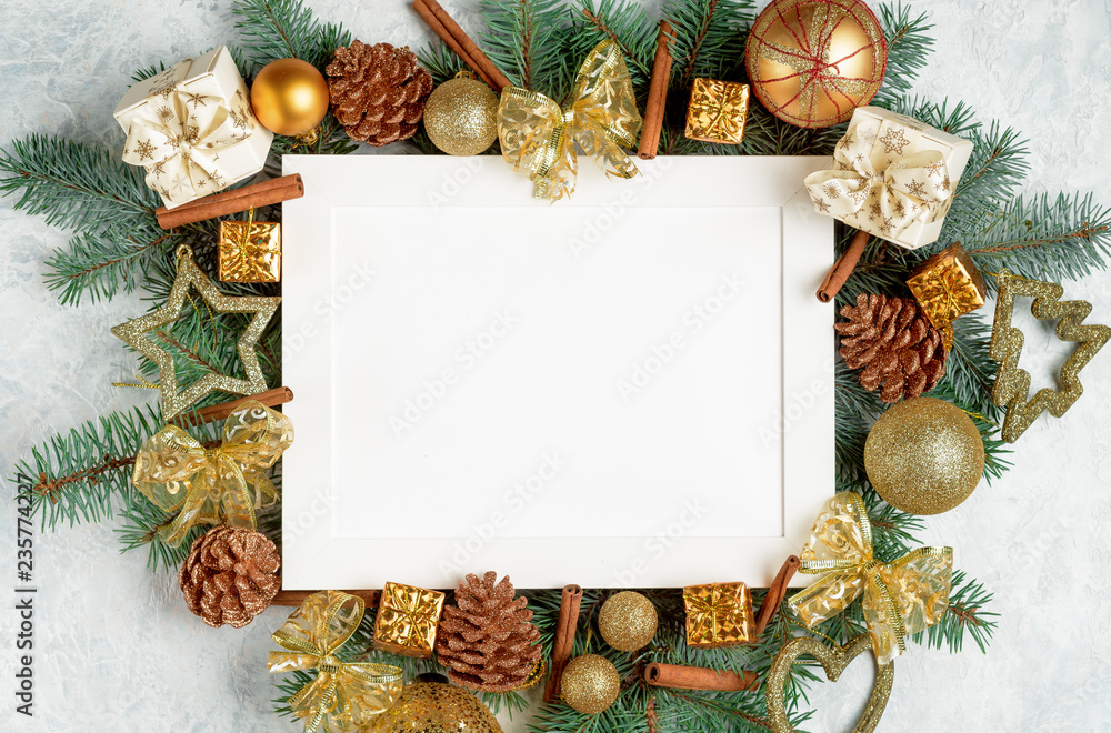 Christmas Border - tree branches with golden decor isolated on white, horizontal banner