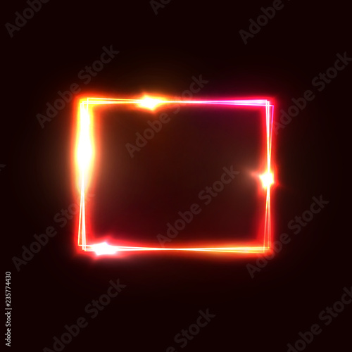 Neon lights square background. Glowing electric rectangle frame on dark red pink yellow backdrop with electricity effect. Fire signage with flares and sparkles. Bright shining vector illustration.