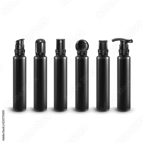 Vector. Mock Up. Black Set Plastic long mini vials with black different caps.