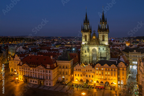 PRAGUE, CZECH REPUBLIC. On October 21, 2018. Aerial view of the gothic Tyn cathedral, Old Town square. Historical center .Aerial view of the gothic Tyn cathedral. European travel.