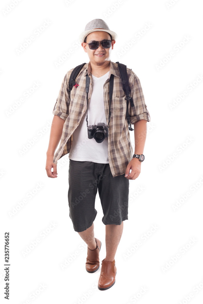 Traveling People Isolated on White. Male Backpacker Tourist, Smiling Happy Gesture Traveling People Isolated on White. Male Backpacker Tourist, Smiling Happy Gesture