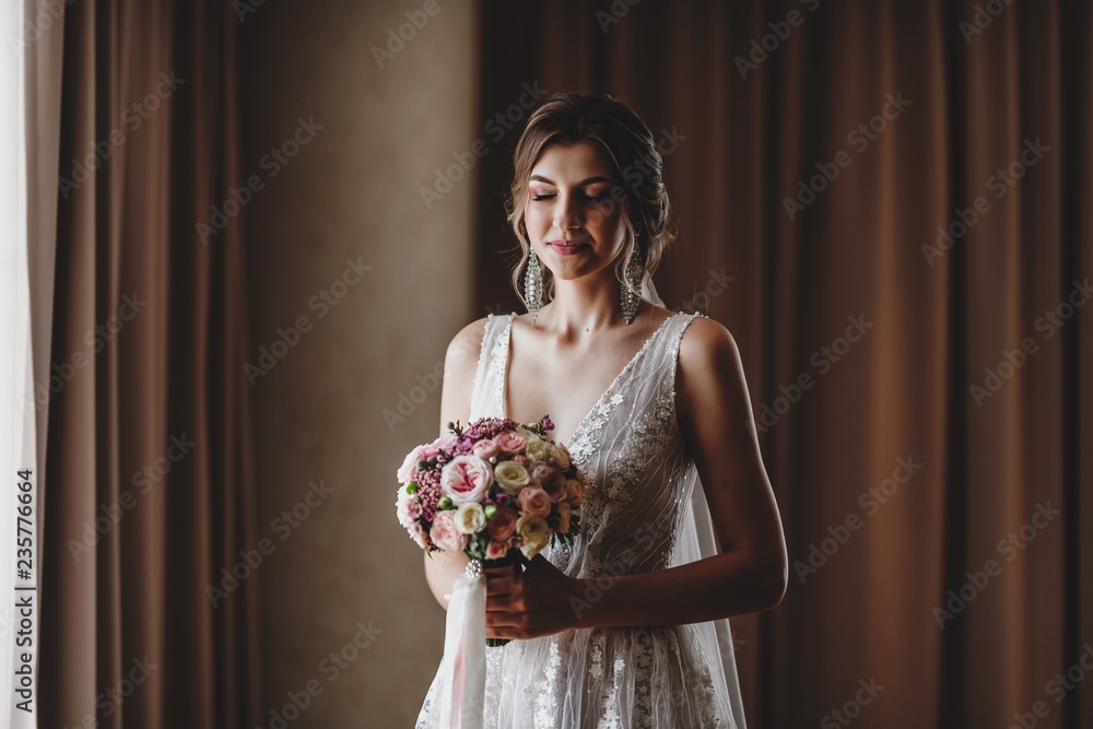 Gorgeous bride in a beautiful dress. Morning newlyweds. Gorgeous bride in a beautiful dress. Morning newlyweds.