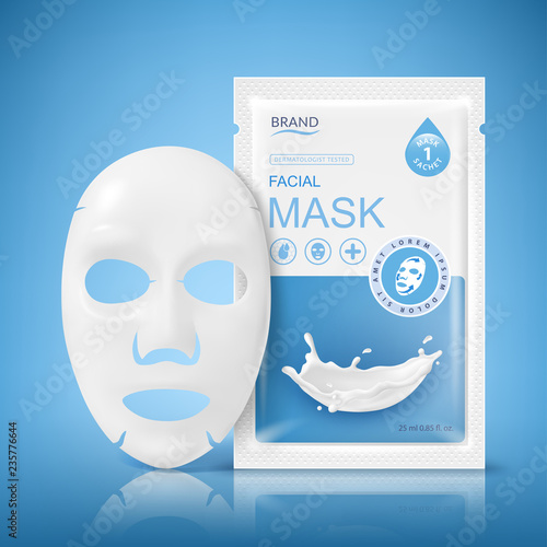 Facial sheet mask sachet package. Vector realistic illustration isolated on blue background. Beauty product packaging design templates.