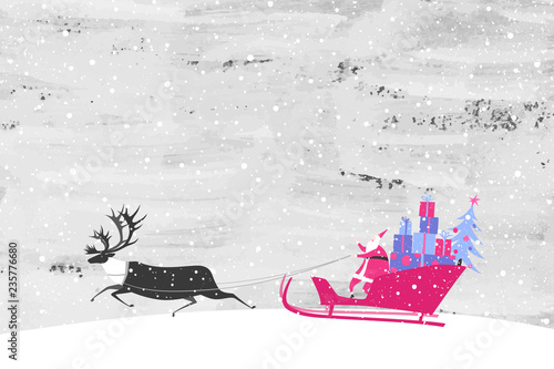 Vector illustration of Santa Claus with a lot of gifts on a sleigh and his reindeer. Christmas card.