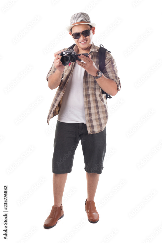 Traveling People Isolated on White. Male Backpacker Photographer Tourist Traveling People Isolated on White. Male Backpacker Photographer Tourist