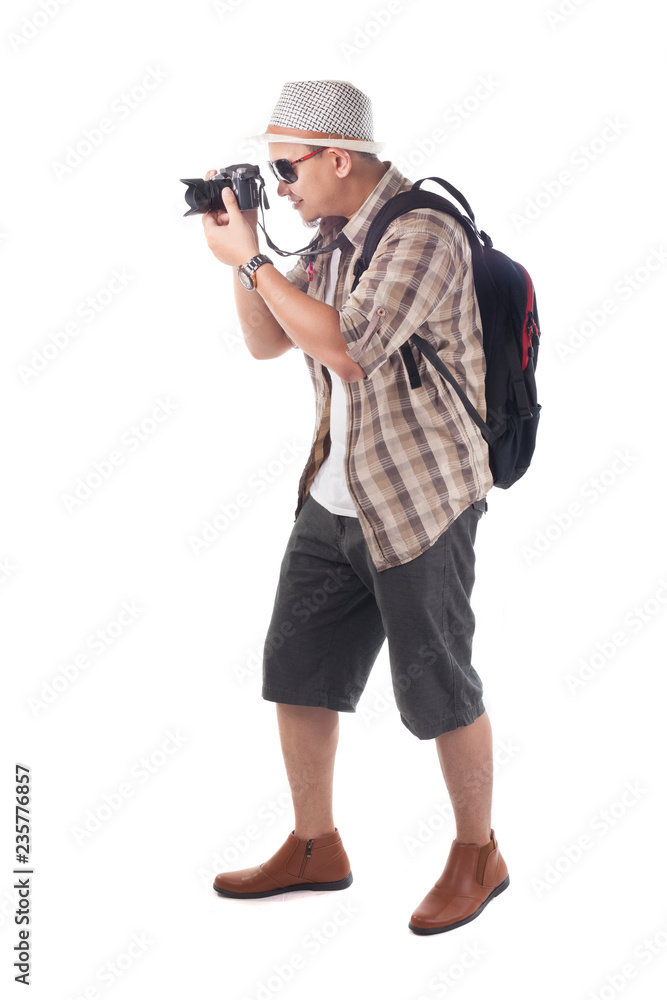 Traveling People Isolated on White. Male Backpacker Photographer Tourist Traveling People Isolated on White. Male Backpacker Photographer Tourist