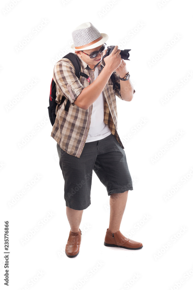 Traveling People Isolated on White. Male Backpacker Photographer Tourist Traveling People Isolated on White. Male Backpacker Photographer Tourist