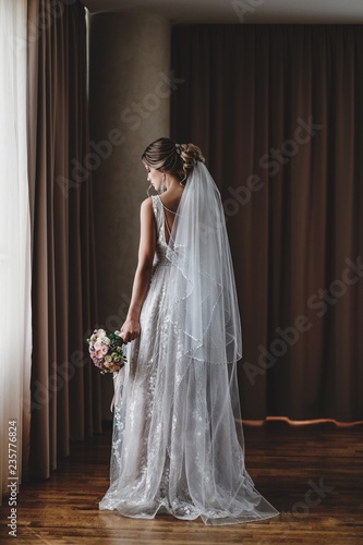 Gorgeous bride in a beautiful dress. Morning newlyweds.