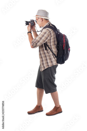 Traveling People Isolated on White. Male Backpacker Photographer Tourist