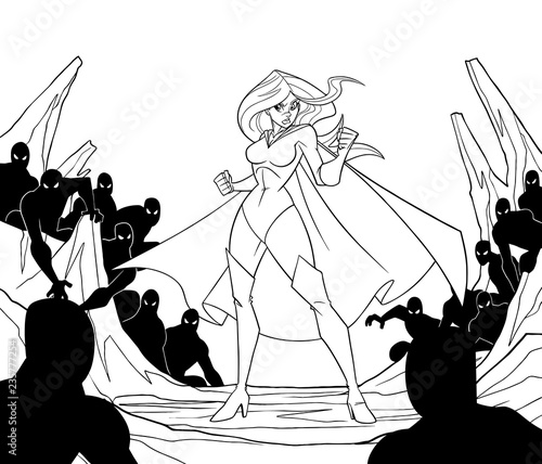 Full length line art illustration of cartoon brave superheroine standing alone in confrontation with the forces of evil as concept for courage and positive power.