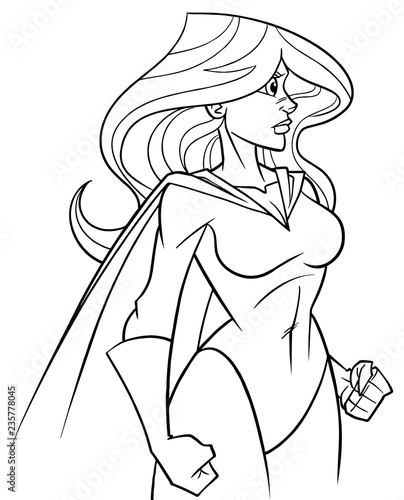 Side view line art illustration of powerful and determined superheroine with cape looking forward ready for action on white background for copy space.