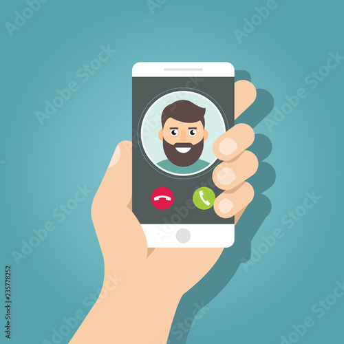 Incoming call on smartphone screen. Flat design vector illustration.