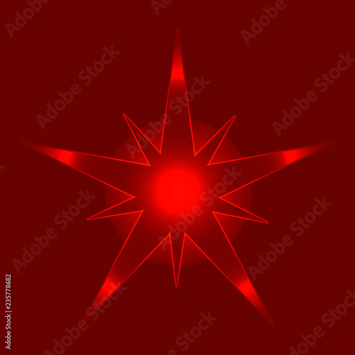 Christmas Shiny Star Vector Illustration Isolated on red background. Sparkling Star Top View. Christmas neon star for tree decoration or design, card, invitation, print