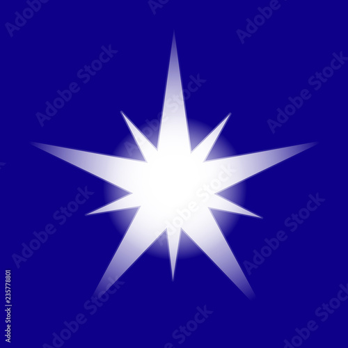 Christmas Shiny Star Vector Illustration Isolated on blue background. Sparkling Star Top View. Christmas neon star for tree decoration or design, card, invitation, print