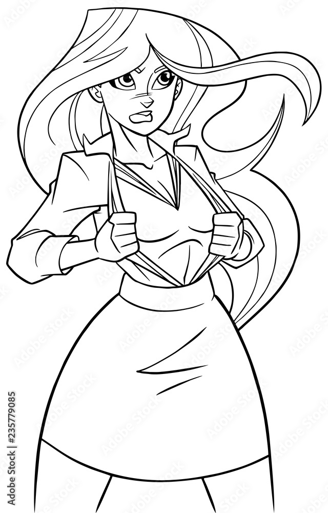 Line art illustration of businesswoman revealing her true identity of powerful superheroine. Line art illustration of businesswoman revealing her true identity of powerful superheroine.