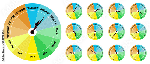 Calendar with the shape of a clock that indicates the different months of the year. Educational and colorful clock-calendar. Vector design.
