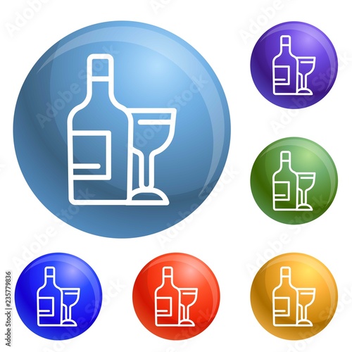 Wine bottle and glass icons set vector 6 color isolated on white background