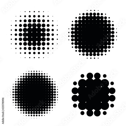 Halftone patterns set. Halftone dots circle gradient. Circular halftone design elements.