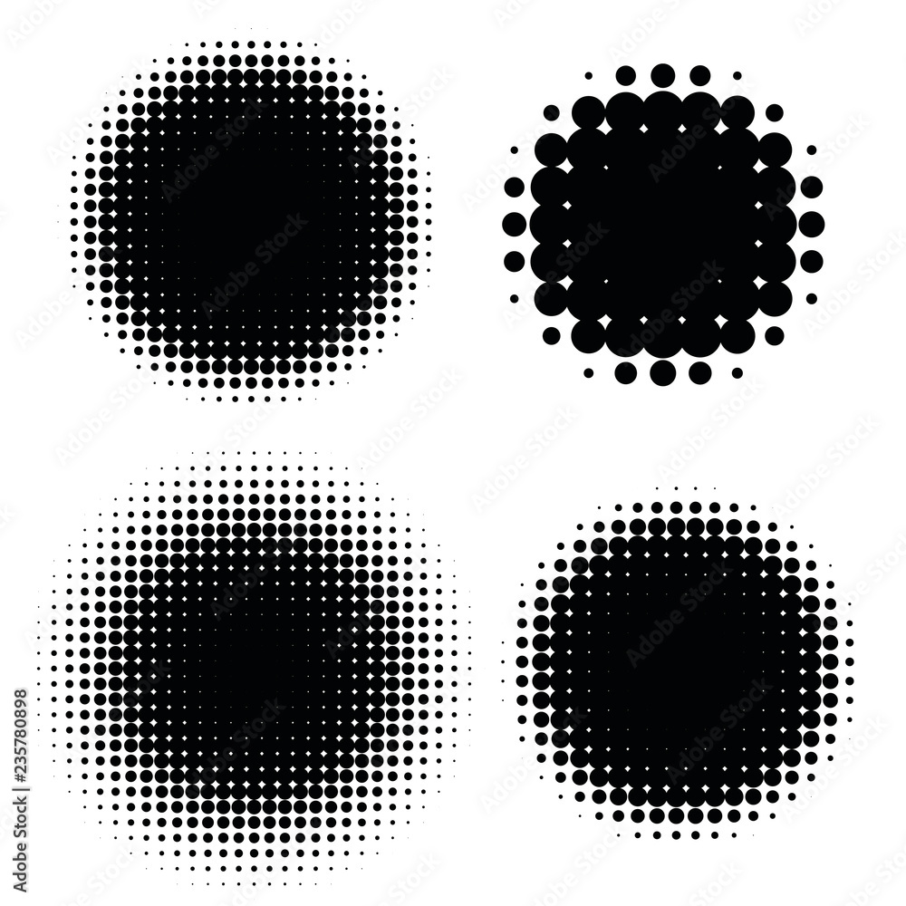 Halftone patterns set. Halftone dots circle gradient. Circular halftone design elements.