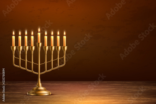 Vector hanukkah jewish holiday menorah wood table