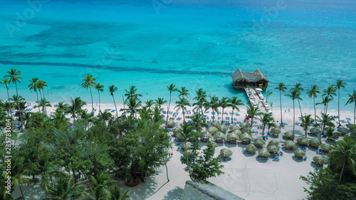 aerial of a beautiful caribbean beach in La Romana, Dominican Republic